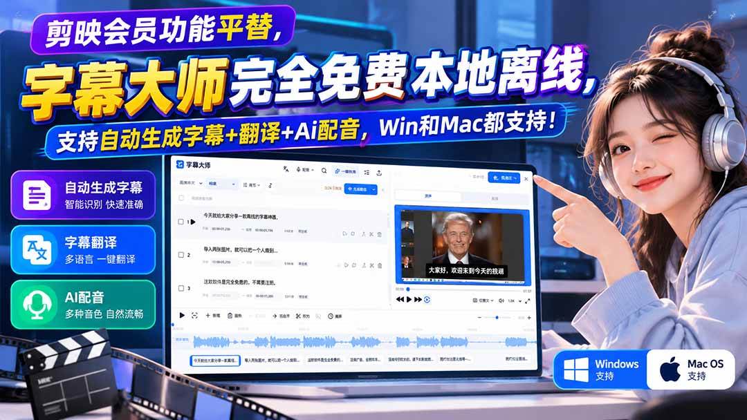 (20902期)剪映会员功能平替,字幕大师完全免费本地离线,支持自动生成字幕+翻译+Ai配音,Win和Mac都支持! (20902期)剪映会员功能平替,字幕大师完全免费本地离线,支持自动生成字幕+翻译+Ai配音,Win和Mac都支持!