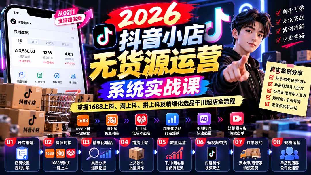 （20659期）2026抖音小店无货源运营系统实战课：掌握1688上抖、淘上抖、拼上抖及精细化选品千川起店全流程-优优云网创