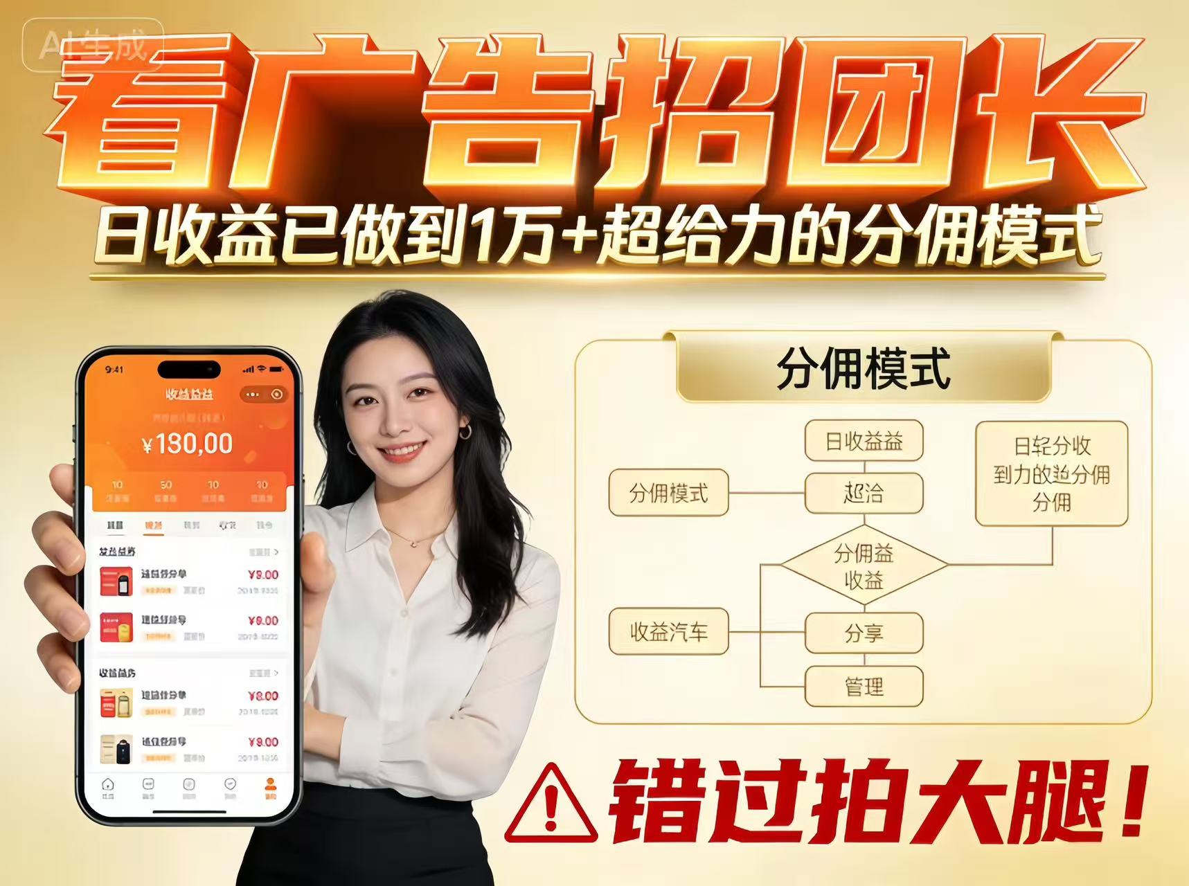 看广告招团长，团队收益已做到日入1万，分佣模式超给力，错过拍大腿-优优云网创