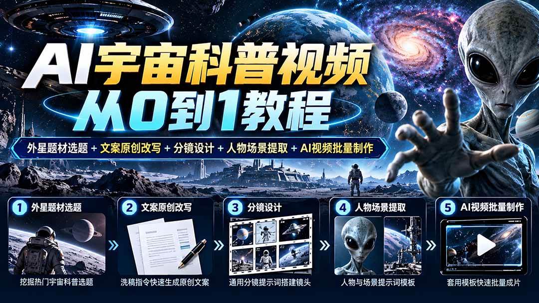 （20774期）AI宇宙科普视频从0到1教程｜外星题材选题+文案原创改写+分镜设计+人物场景提取+AI视频批量制作-优优云网创