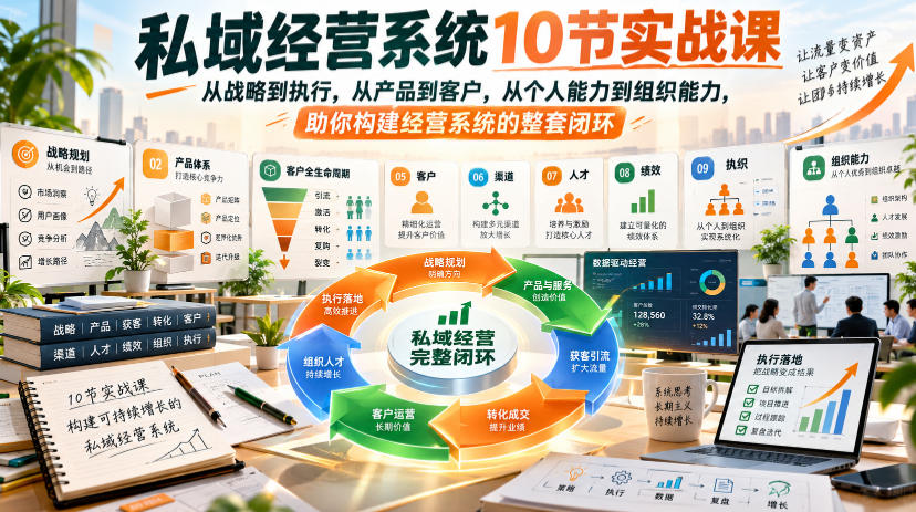 私域经营系统10节实战课，从战略到执行，从产品到客户，从个人能力到组织能力，助你构建经营系统的整套闭环-优优云网创