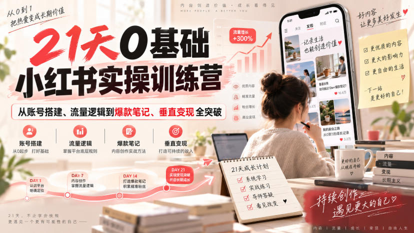 21天0基础小红书实操训练营｜从账号搭建、流量逻辑到爆款笔记、垂直变现全突破-优优云网创