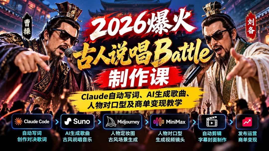 （21059期）2026爆火古人说唱Battle制作课：Claude自动写词、AI生成歌曲、人物对口型及商单变现教学-优优云网创