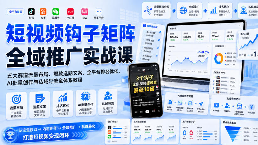 短视频钩子矩阵全域推广实战课｜五大赛道流量布局、爆款选题文案、全平台排名优化、AI批量创作与私域导流全体系教程-优优云网创