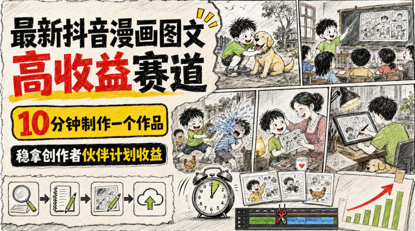 最新抖音漫画图文高收益赛道，10分钟制作一个作品，稳拿创作者伙伴计划收益-优优云网创