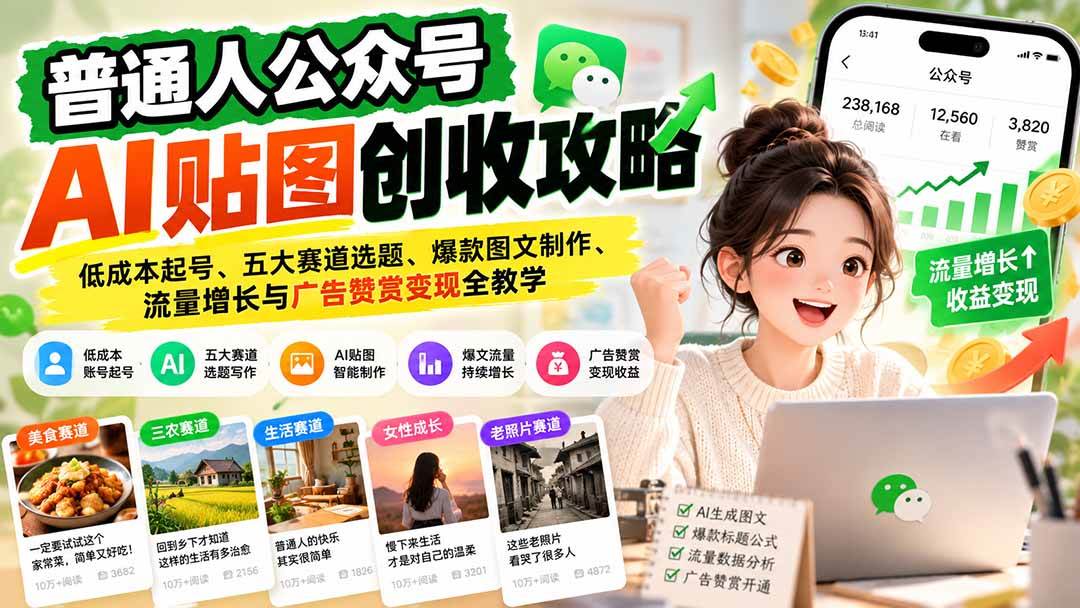 （20972期）普通人公众号AI贴图创收攻略：低成本起号、五大赛道选题、爆款图文制作、流量增长与广告赞赏变现全教学-优优云网创