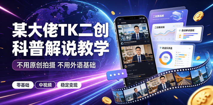 某大佬TK二创科普解说教学,不用原创拍摄不用外语基础,零基础做TikTok中视频稳定变现-优优云网创