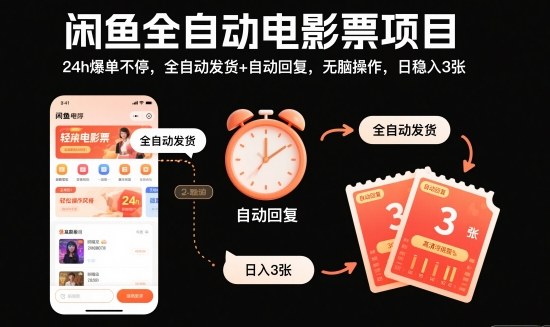 闲鱼全自动电影票项目，24h爆单不停，全自动发货+自动回复，无脑操作，日稳入3张【揭秘】-优优云网创