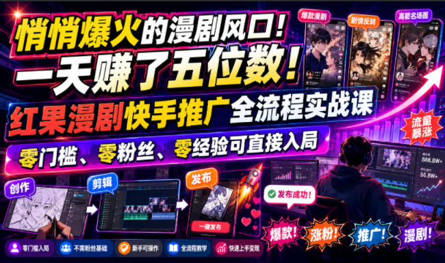 悄悄爆火的漫剧风口！一天賺了五位数！红果漫剧快手推广全流程实战课，零门槛、零粉丝、零经验可直接入局-优优云网创