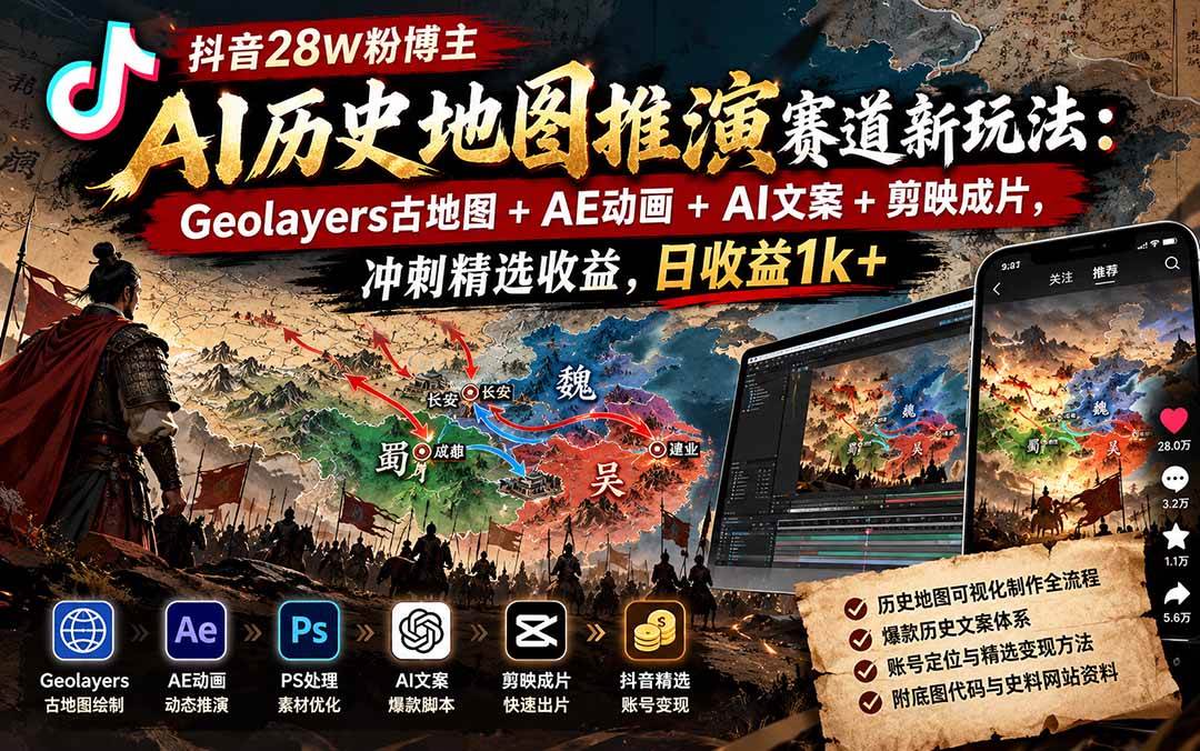 （20809期）抖音28W粉博主AI历史地图推演赛道新玩法：Geolayers古地图+AE动画+AI文案+剪映成片，冲刺精选收益，日收益1k+-优优云网创