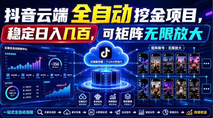 Dy云端全自动挖金项目，稳定日入几百，可矩阵无限放大！-优优云网创