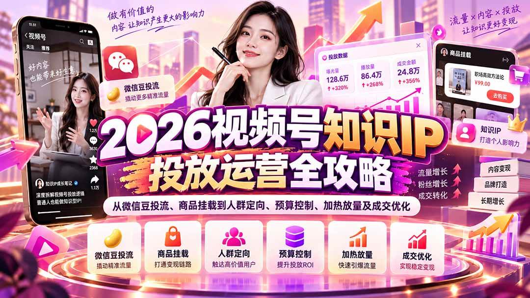 （20860期）2026视频号知识IP投放运营全攻略：从微信豆投流、商品挂载到人群定向、预算控制、加热放量及成交优化-优优云网创