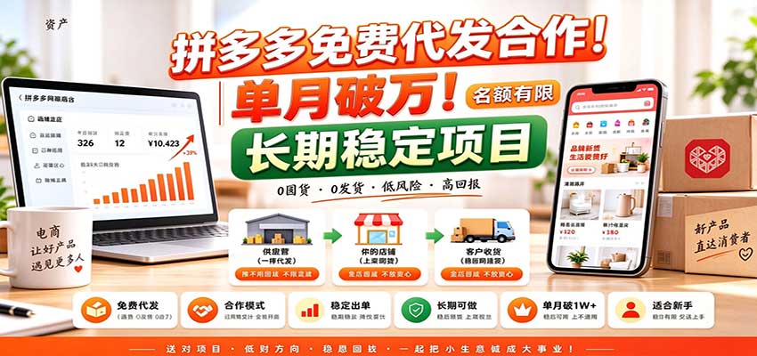 拼多多免费代发合作｜单月破万！长期稳定项目，名额有限-优优云网创
