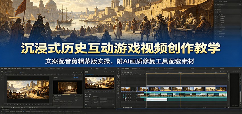 沉浸式历史互动游戏视频创作教学：文案配音剪辑蒙版实操，附AI画质修复工具配套素材-优优云网创