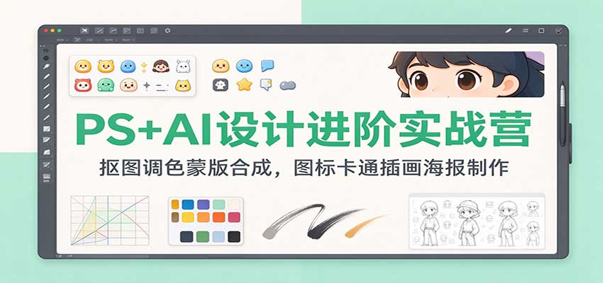 PS+AI设计进阶实战营：抠图调色蒙版合成，图标卡通插画海报制作-优优云网创