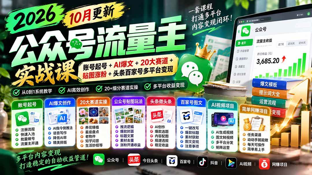 （20878期）2026公众号流量主实战课-10月更新：账号起号+AI爆文+20大赛道+贴图涨粉+头条百家号多平台变现-优优云网创