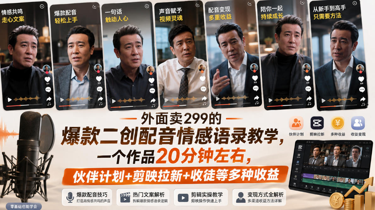 外面卖299的爆款二创配音情感语录教学，一个作品20分钟左右，伙伴计划+剪映拉新+收徒等多种收益-优优云网创
