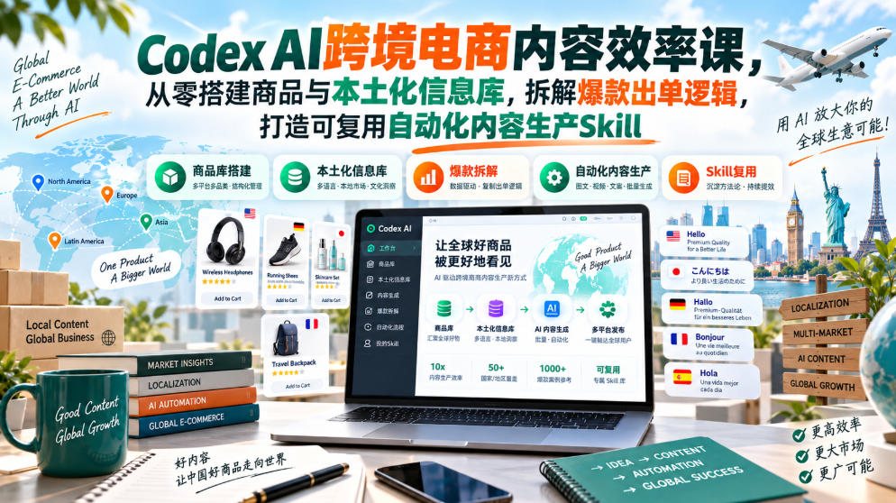 Codex AI跨境电商内容效率课，从零搭建商品与本土化信息库，拆解爆款出单逻辑，打造可复用自动化内容生产Skill-优优云网创