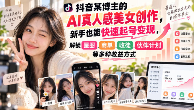 抖音某博主的AI真人感美女创作，新手也能快速起号变现，解锁星图，商单，收徒，伙伴计划等多种收益方式-优优云网创