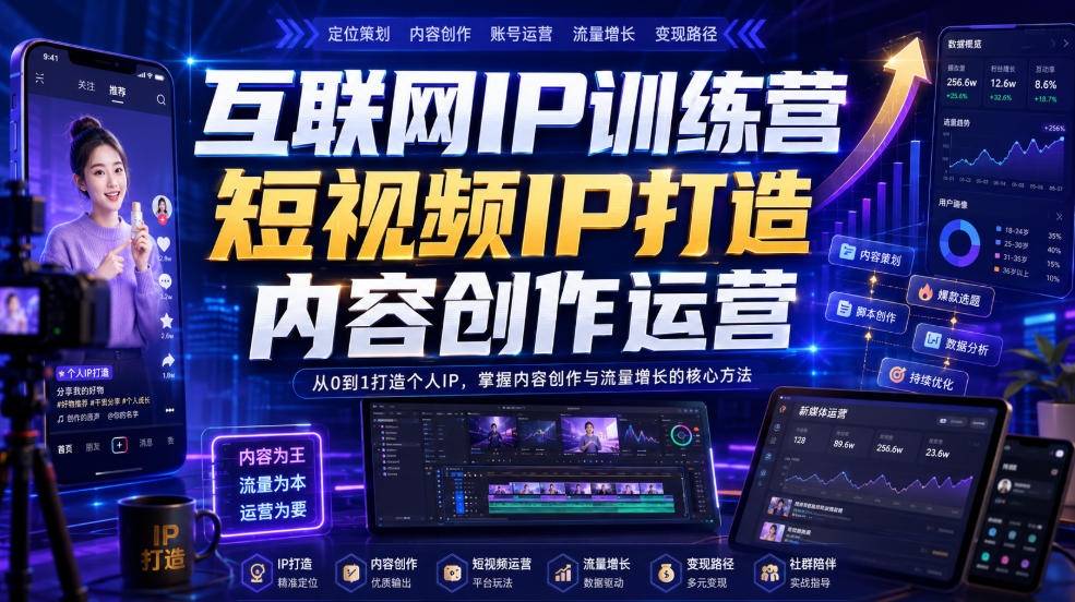互联网IP训练营，短视频IP打造，内容创作运营-优优云网创