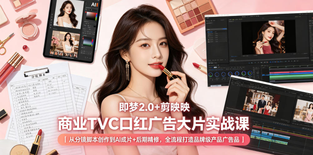 即梦2.0+剪映商业TVC口红广告大片实战课｜从分镜脚本创作到AI成片+后期精修，全流程打造品牌级产品广告-优优云网创