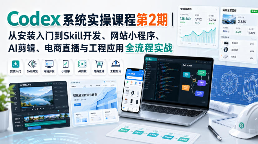 Codex系统实操课程第2期｜从安装入门到Skill开发、网站小程序、AI剪辑、电商直播与工程应用全流程实战-优优云网创