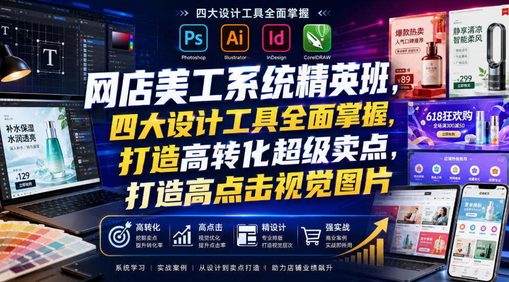 网店美工系统精英班,四大设计工具全面掌握,打造高转化超级卖点,打造高点击视觉图片(2026年7月)-优优云网创