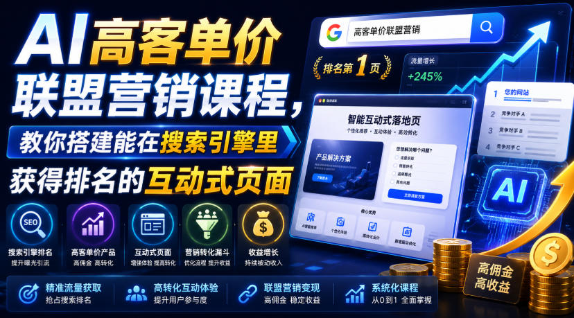 AI高客单价联盟营销课程,教你搭建能在搜索引擎里获得排名的互动式页面,引来流量,把访客转化为高佣金的成交【原创双语字幕】-优优云网创