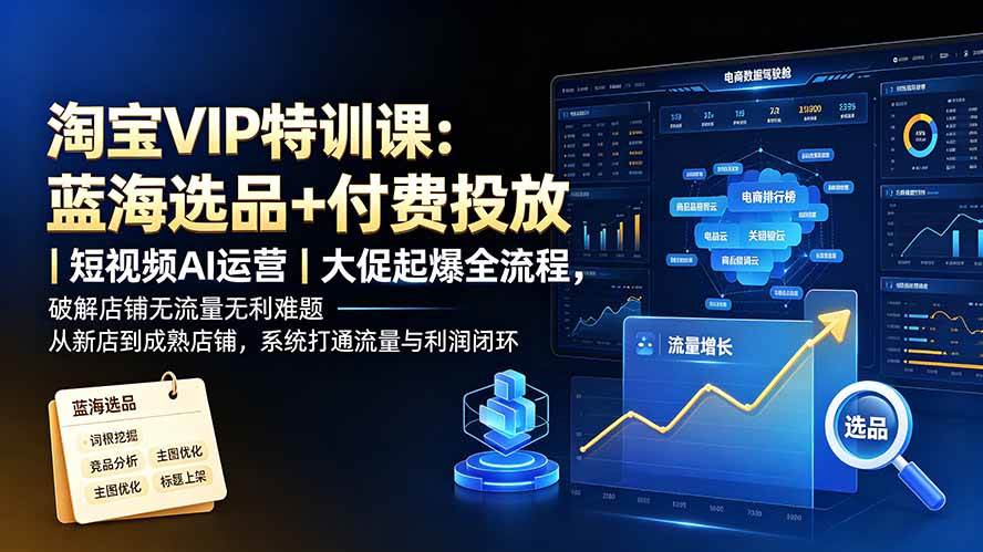 (19399期)淘宝VIP特训课:蓝海选品+付费投放|短视频AI运营|大促起爆全流程,破解店铺无流量无利润难题-优优云网创