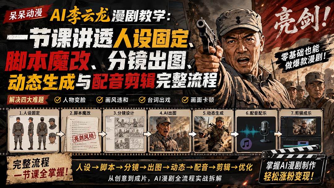 （20107期）呆呆动漫AI李云龙漫剧教学：一节课讲透人设固定、脚本魔改、分镜出图、动态生成与配音剪辑完整流程-优优云网创