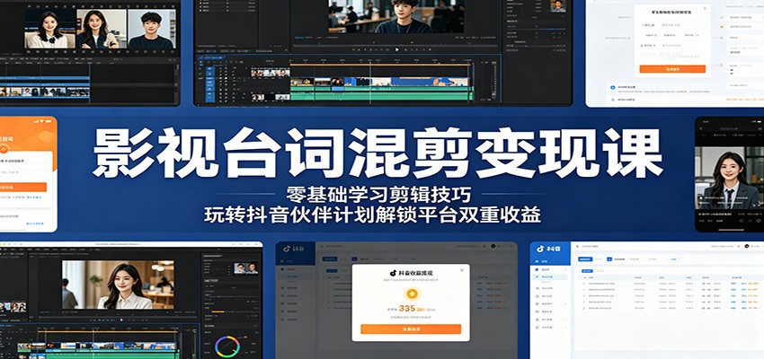 影视台词混剪变现课：零基础学习剪辑技巧，玩转抖音伙伴计划解锁平台双重收益-优优云网创