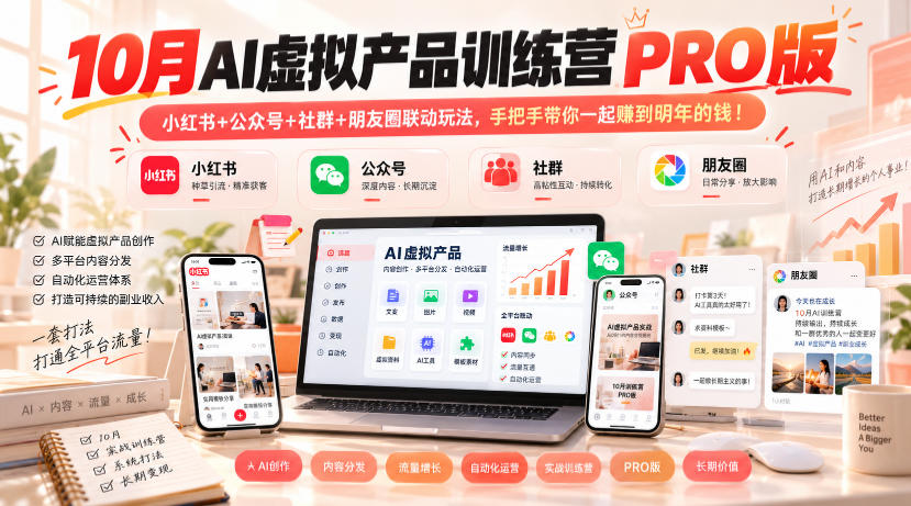 10月AI虚拟产品训练营PRO版，小红书+公众号+社群+朋友圈联动玩法，手把手带你一起赚到明年的钱！-优优云网创