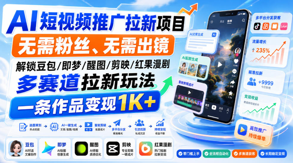 AI短视频推广拉新项目，无需粉丝、无需出镜，解锁豆包/即梦/醒图/剪映/红果漫剧多赛道拉新玩法，一条作品变现1K+（更新0910）-优优云网创
