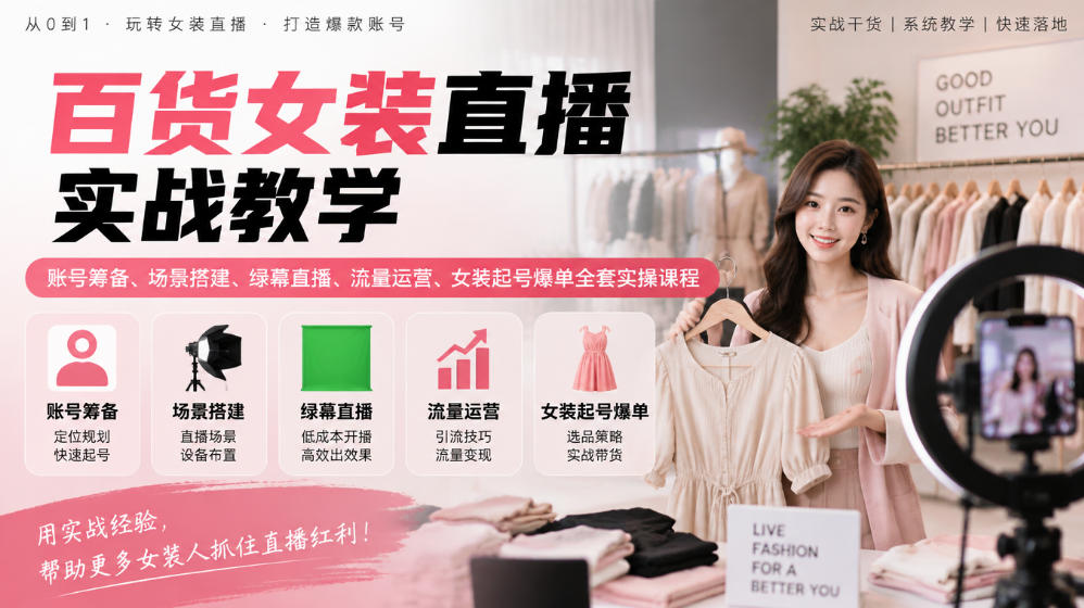 百货女装直播实战教学｜账号筹备、场景搭建、绿幕直播、流量运营、女装起号爆单全套实操课程-优优云网创