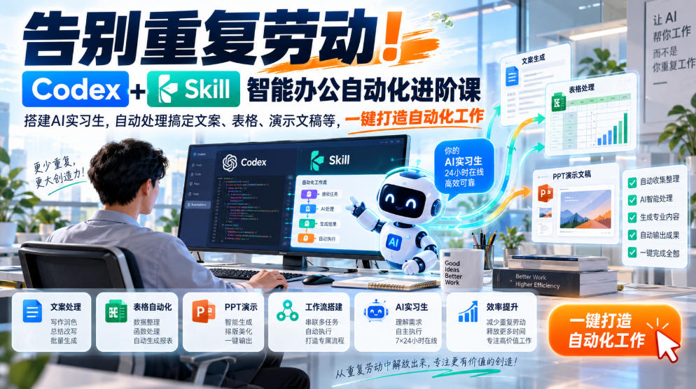 告别重复劳动！Codex+Skill智能办公自动化进阶课｜搭建AI实习生，自动处理搞定文案、表格、演示文稿等，一键打造自动化工作-优优云网创
