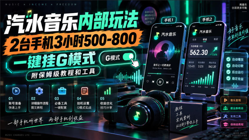 汽水音乐内部玩法，2台手机3小时500-800，一键挂G模式，附保姆级教程和工具【揭秘】-优优云网创