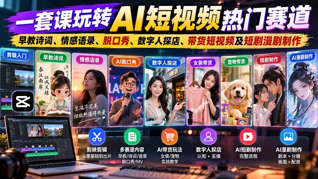 （20964期）一套课玩转AI短视频热门赛道：早教诗词、情感语录、脱口秀、数字人探店、带货短视频及短剧漫剧制作 复制标题-优优云网创