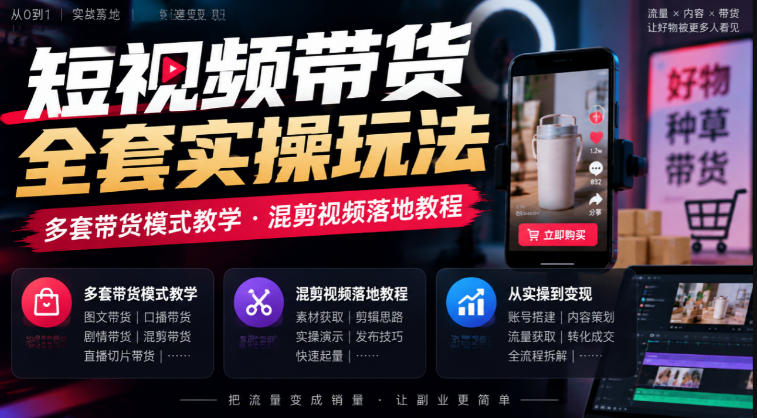 短视频带货全套实操玩法，多套带货模式教学，混剪视频落地教程-优优云网创