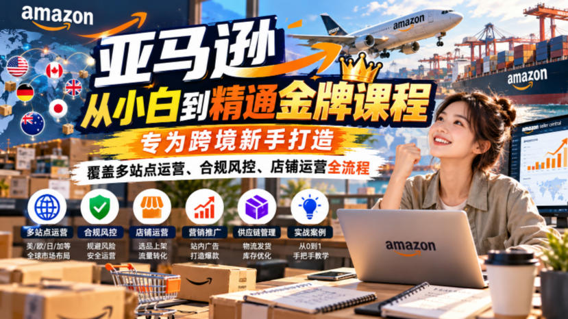 亚马逊从小白到精通金牌课程，专为跨境新手打造，覆盖多站点运营、合规风控、店铺运营全流程-优优云网创