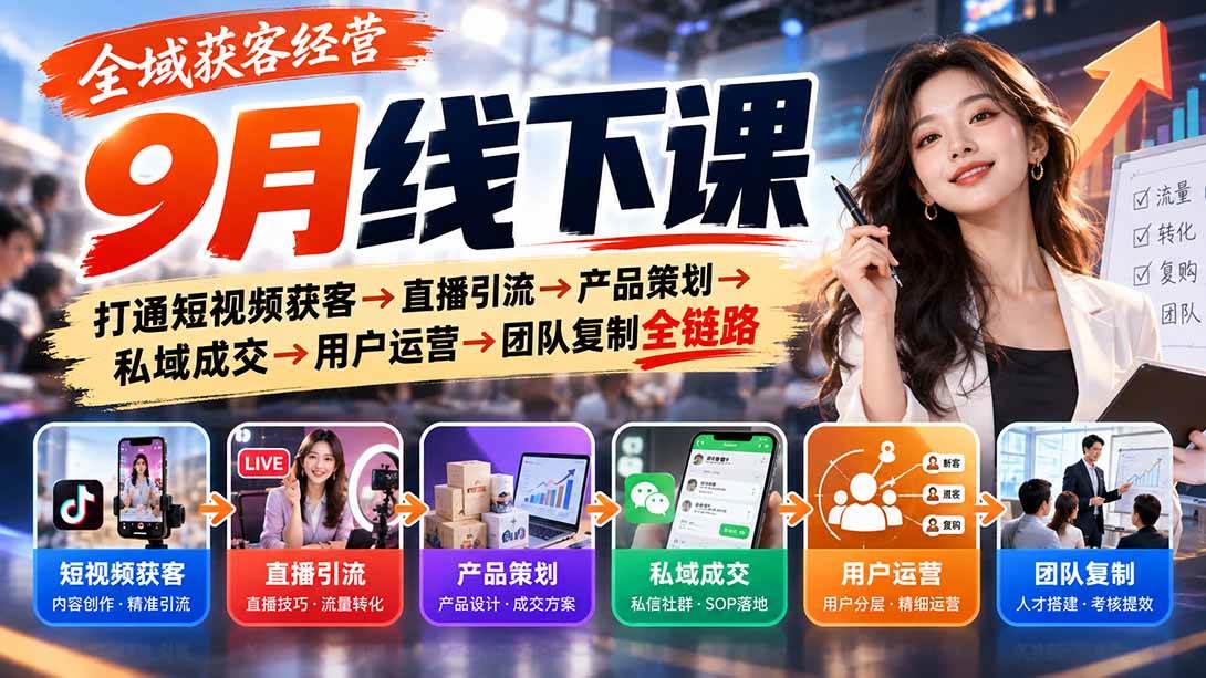 （20777期）全域获客经营9月线下课：打通短视频获客→直播引流→产品策划→私域成交→用户运营→团队复制全链路-优优云网创