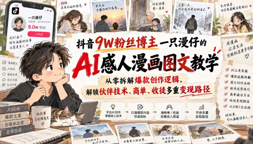 抖音9W粉丝博主一只漫仔的AI感人漫画图文教学，从零拆解爆款创作逻辑，解锁伙伴技术、商单、收徒多重变现路径-优优云网创