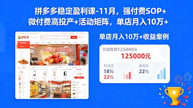 （16557期）拼多多稳定盈利课-11月，强付费SOP+微付费高投产+活动矩阵，单店月入10w+-优优云网创