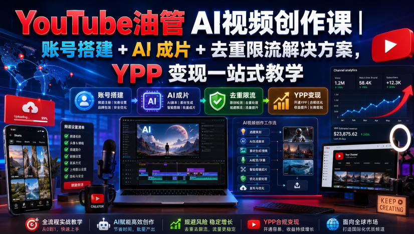 YouTube油管AI视频创作课｜账号搭建+AI成片+去重限流解决方案，YPP变现一站式教学-优优云网创