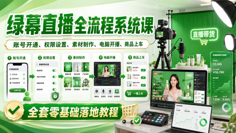 绿幕直播全流程系统课，账号开通、权限设置、素材制作、电脑开播、商品上车全套零基础落地教程-优优云网创