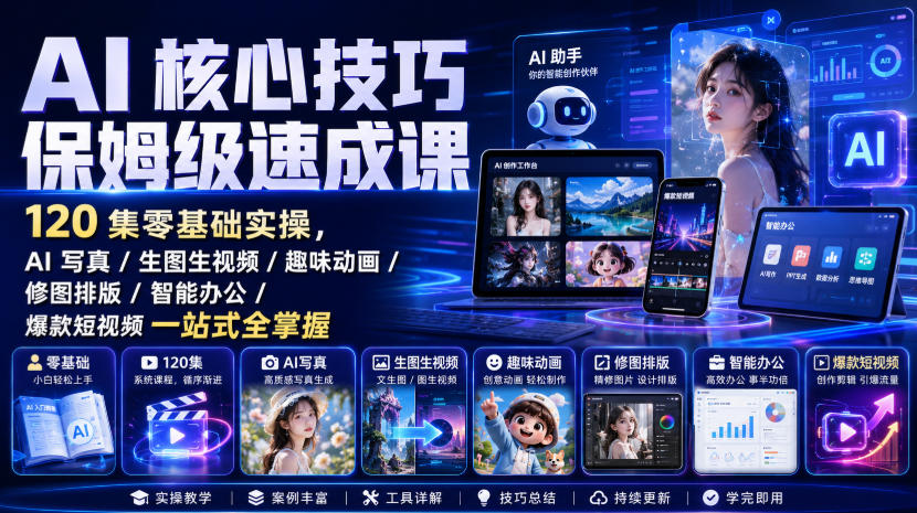AI核心技巧保姆级速成课｜120集零基础实操，AI写真/生图生视频/趣味动画/修图排版/智能办公/爆款短视频一站式全掌握-优优云网创