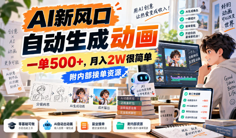 AI新风口,自动生成动画,一单500+,月入2W很简单,附内部接单资源【揭秘】-优优云网创