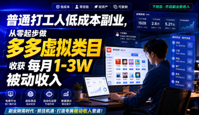 普通打工人低成本副业，从零起步做多多虚拟类目，收获每月1-3W被动收入【揭秘】-优优云网创