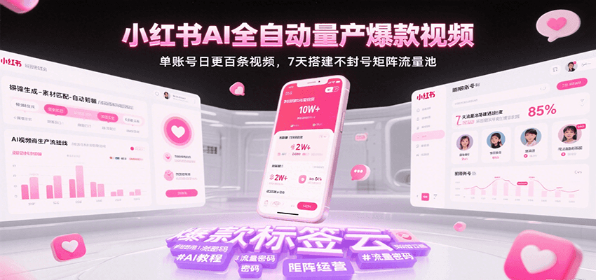 小红书AI全自动量产爆款视频，单账号日更百条视频，7天搭建不封号矩阵流量池-优优云网创