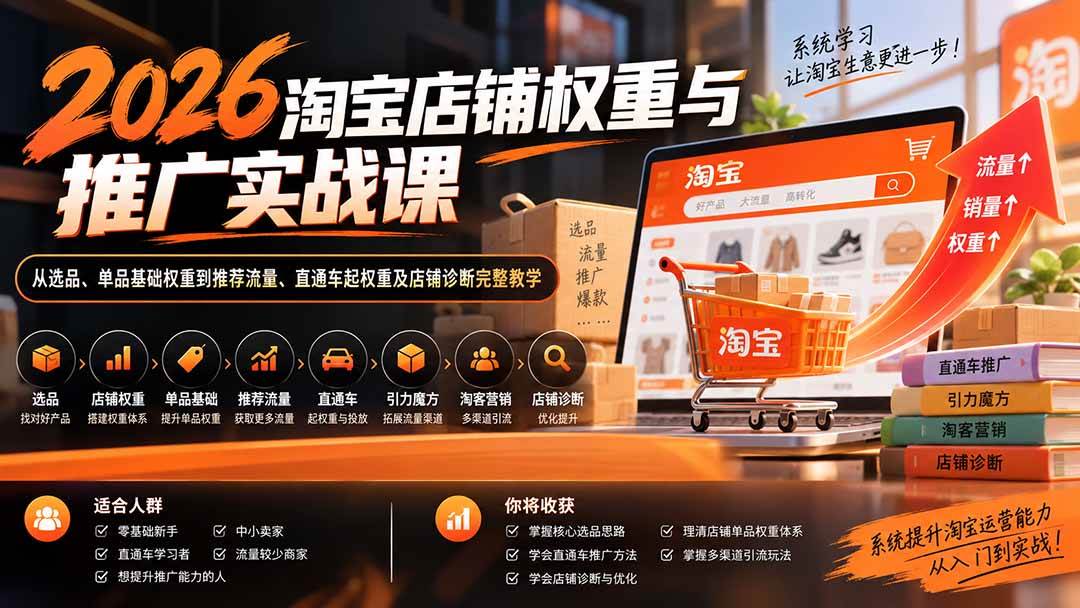 (20411期)2026淘宝店铺权重与推广实战课:从选品、单品基础权重到推荐流量、直通车起权重及店铺诊断完整教学-优优云网创