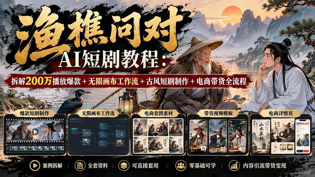 （20772期）【无水印】渔樵问对AI短剧教程：拆解200万播放爆款+无限画布工作流+古风短剧制作+电商带货全流程-优优云网创